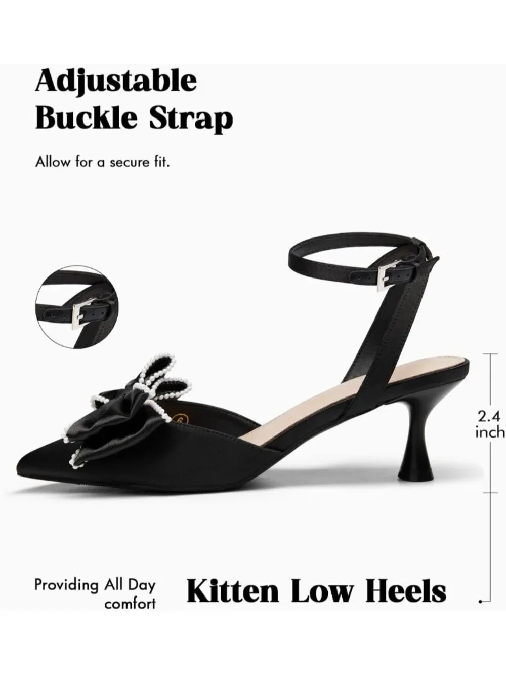Women's Black Satin Kitten Low Heels Bow Pearl Closed Pointed Toe Ankle Strap